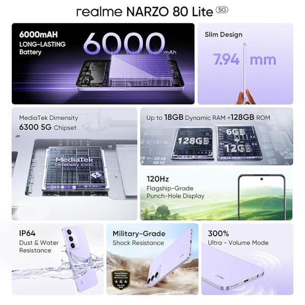 realme NARZO 80 Lite 5G (Crystal Purple, 6GB+128GB) | 6000mAh Long-Lasting Battery | MediaTek Dimensity 6300 5G | AI Assist | IP64 Rated Water & Dust Resistance | Military-Grade Durability - Image 4